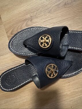 Tory Burch Navy Leather Logo Toe-Post Slide Sandals with Gold Emblems